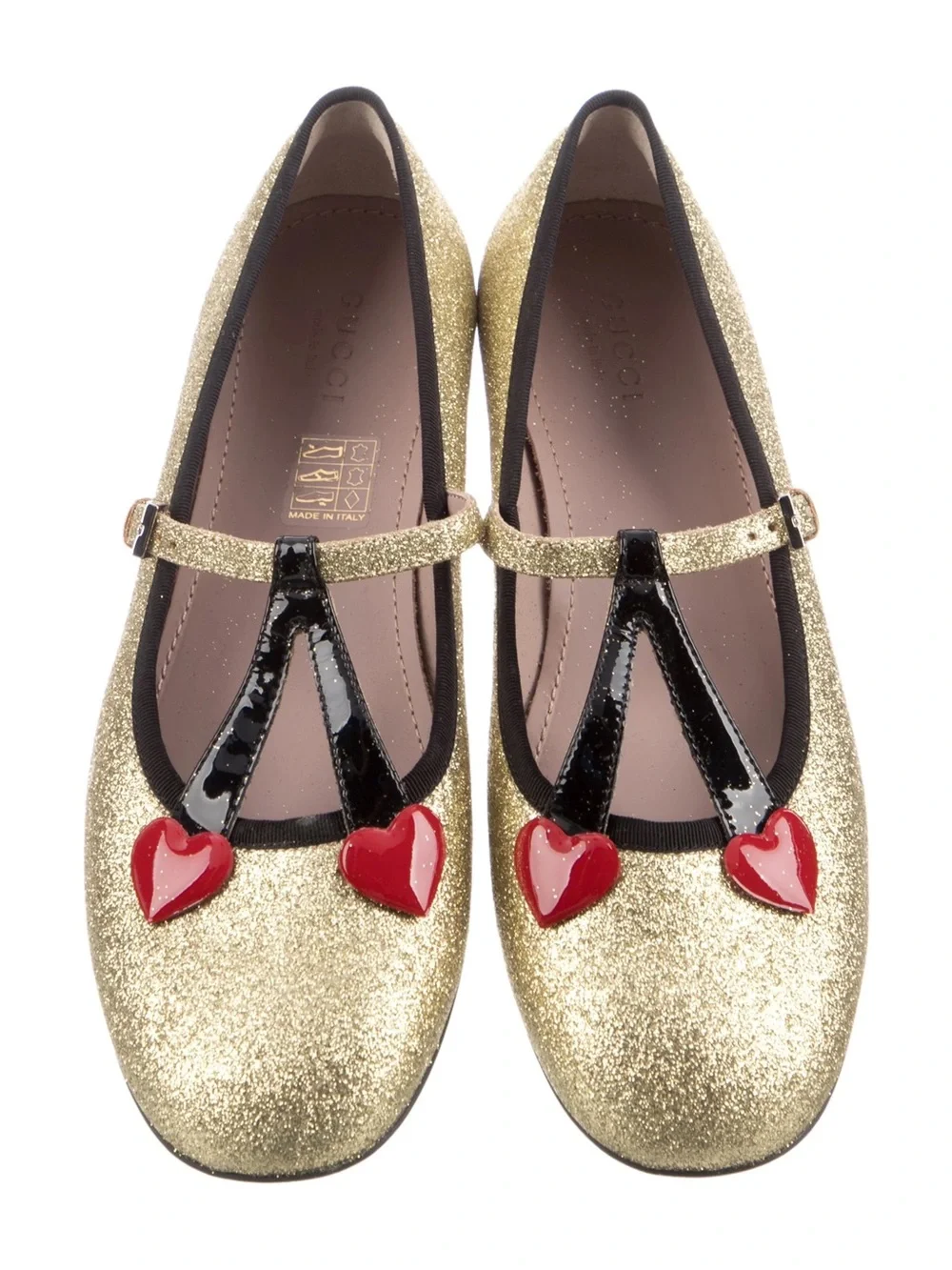 Gucci Girls' Gold Glitter Mary Jane Flats with Red Heart Accents